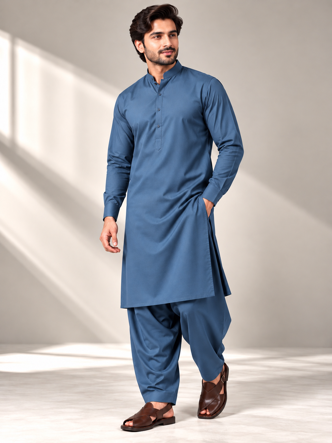 Steel blue wash n wear winter fabric