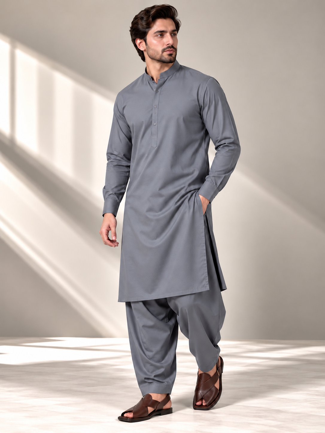 Steel grey wash n wear winter fabric