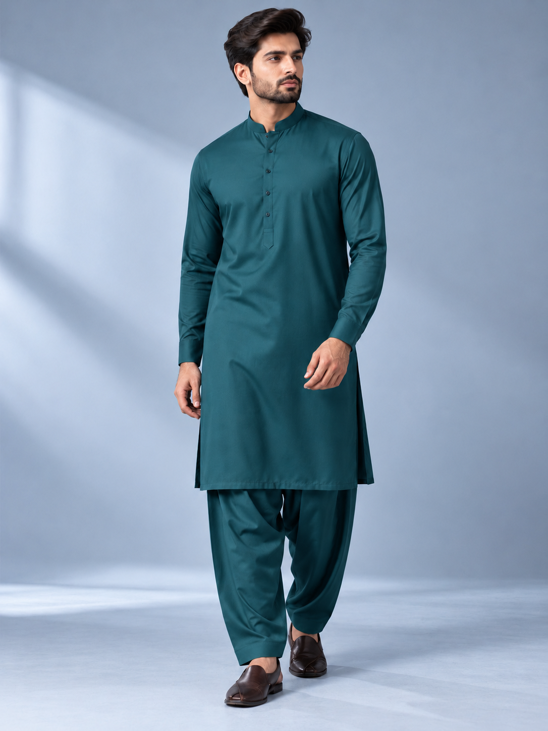 Teal green wash n wear winter fabric