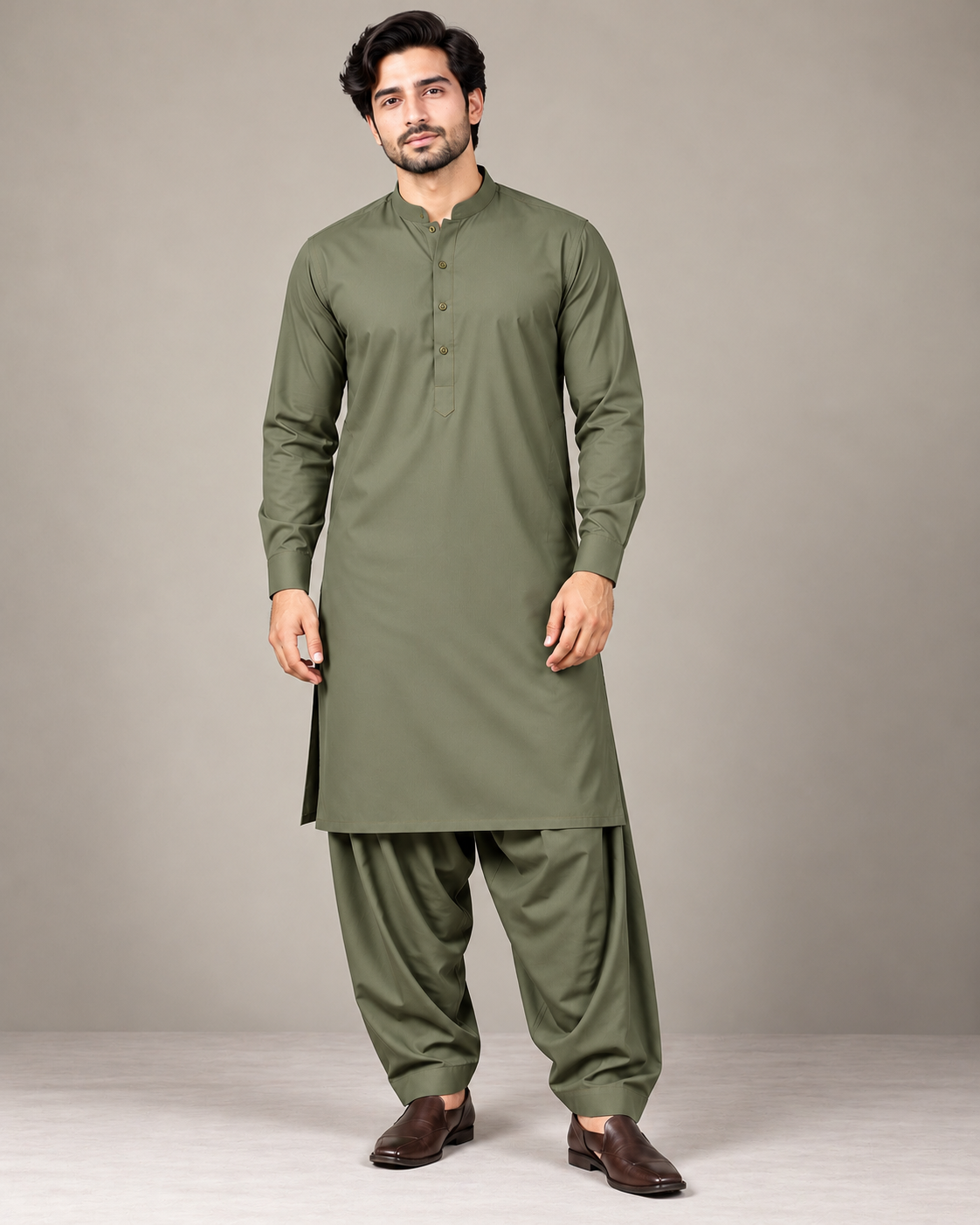 Olive green wash n wear winter fabric
