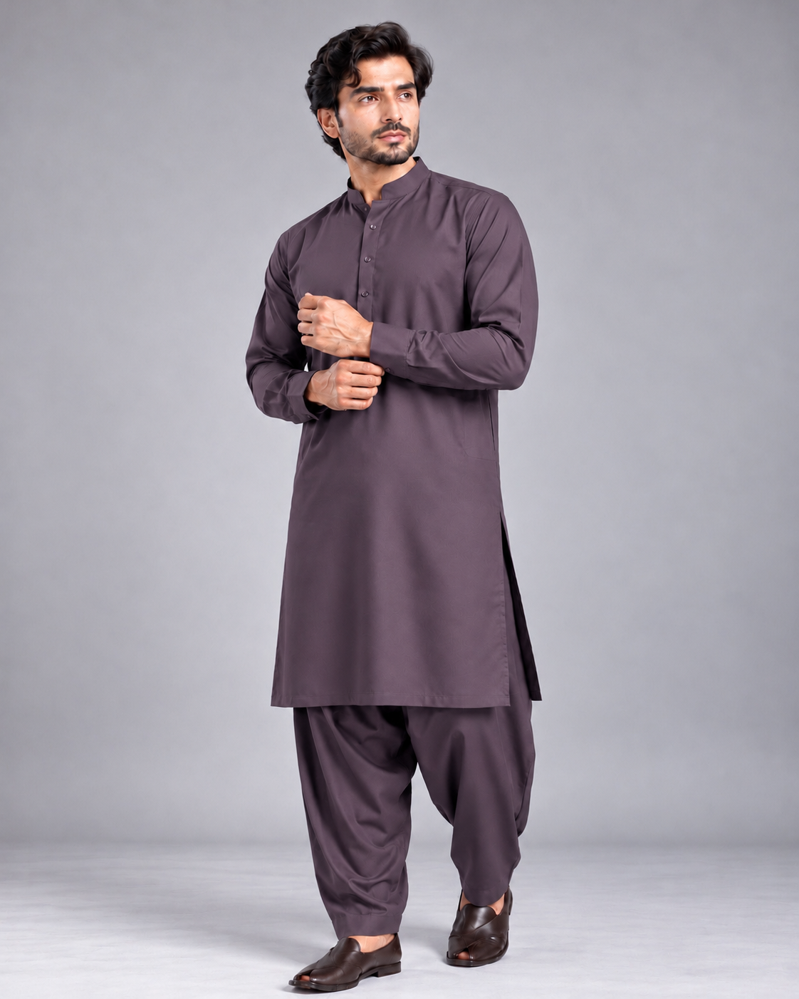 Charcoal mauve wash n wear winter fabric