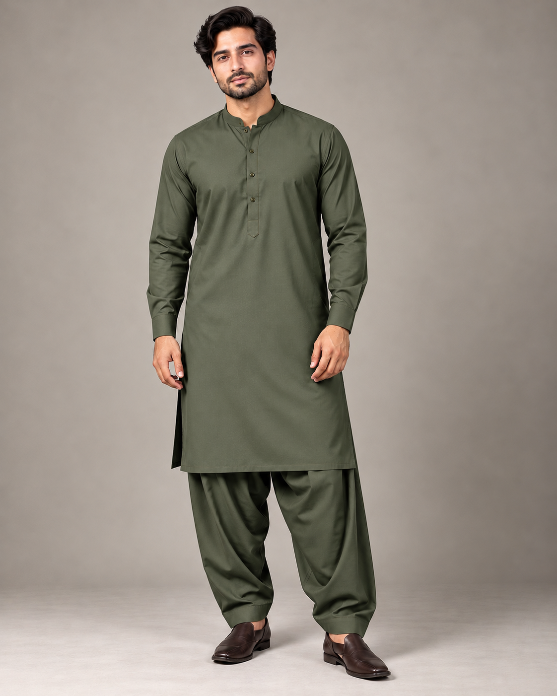 Olive grey wash n wear winter fabric