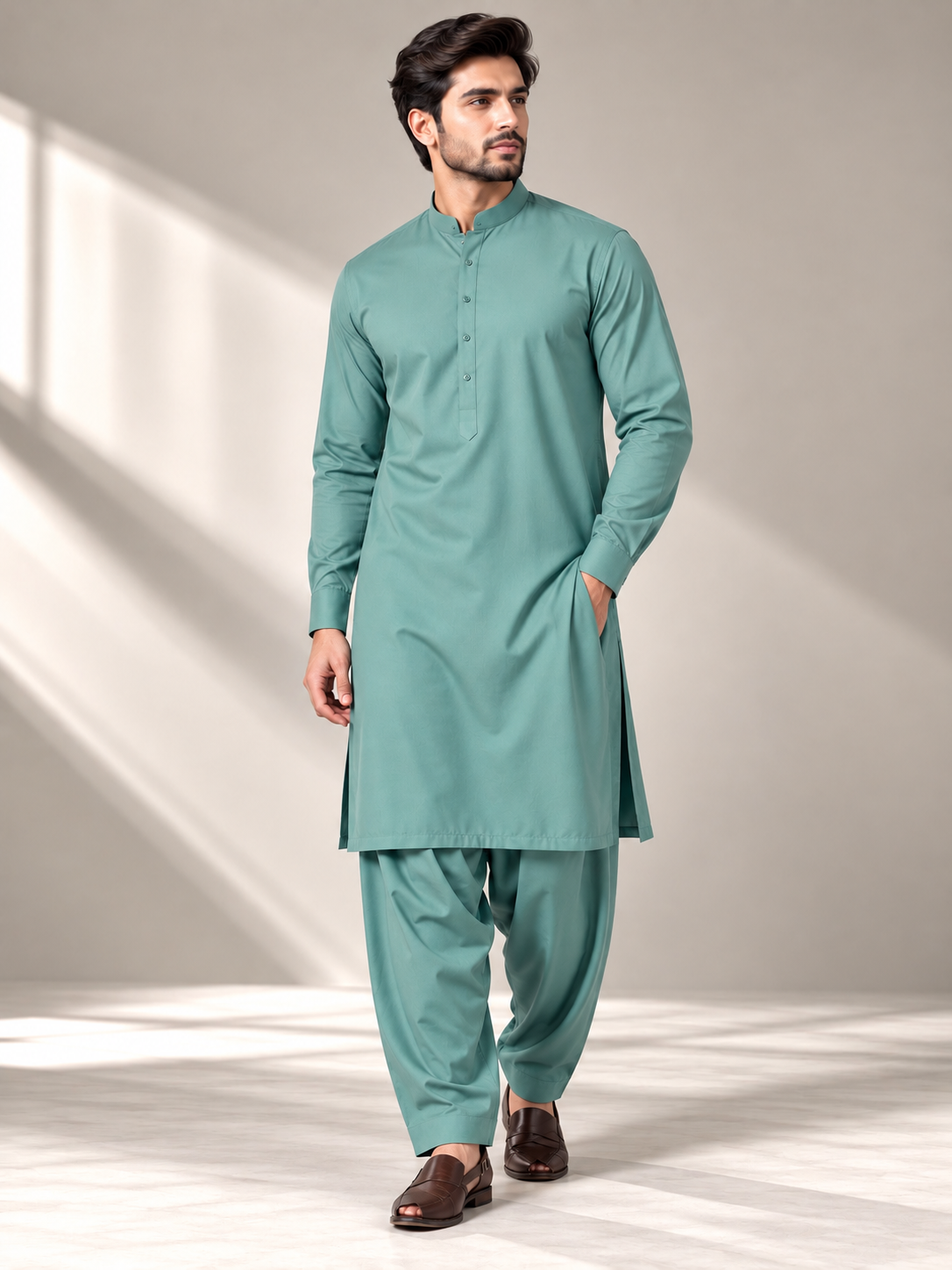 Mint teal wash n wear winter fabric