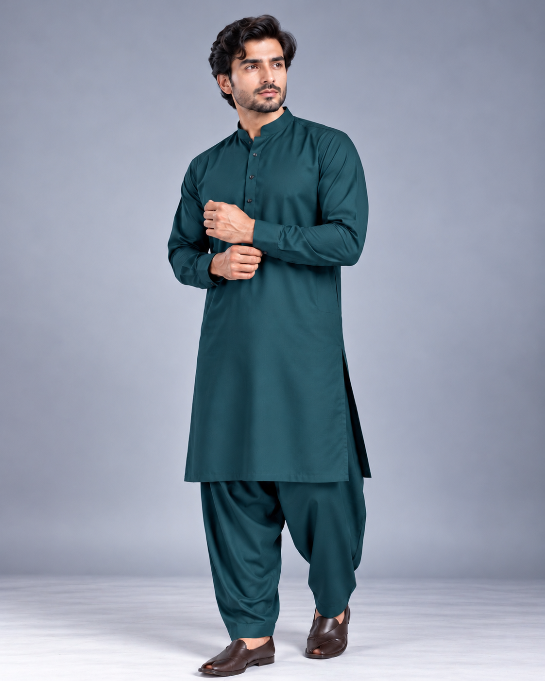 Teal green wash n wear winter fabric
