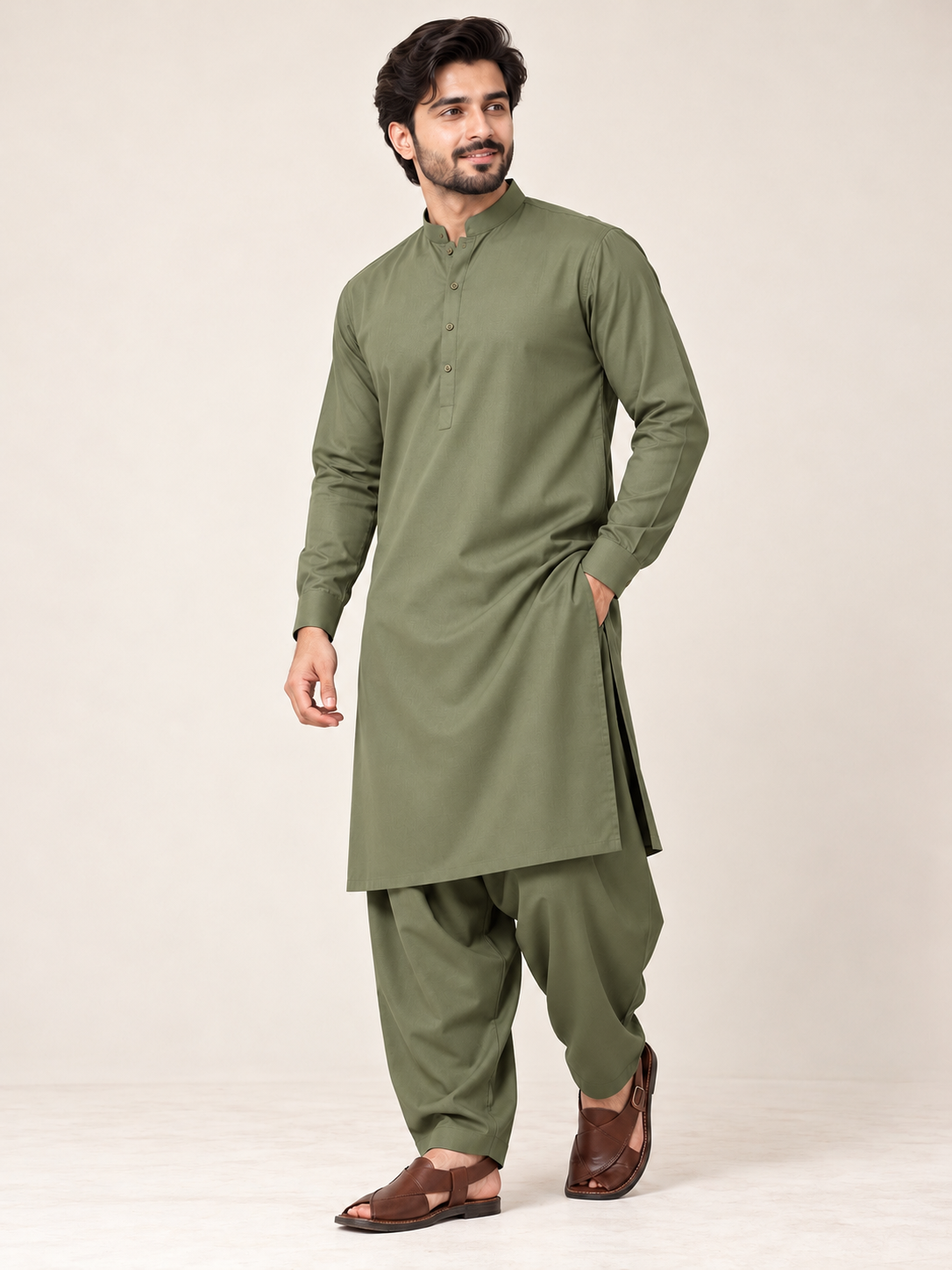Olive green wash n wear winter fabric