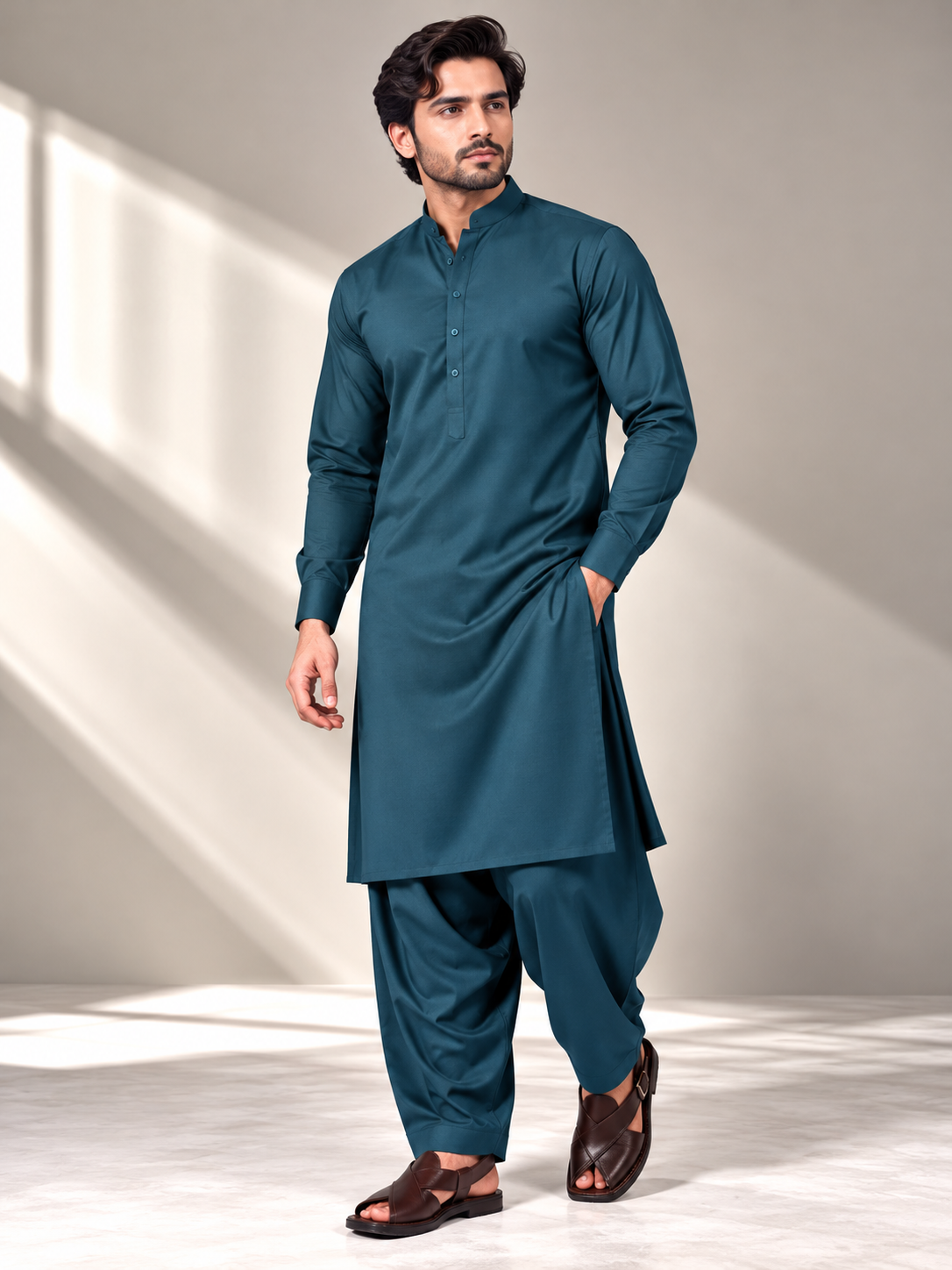 Deep teal wash n wear winter fabric