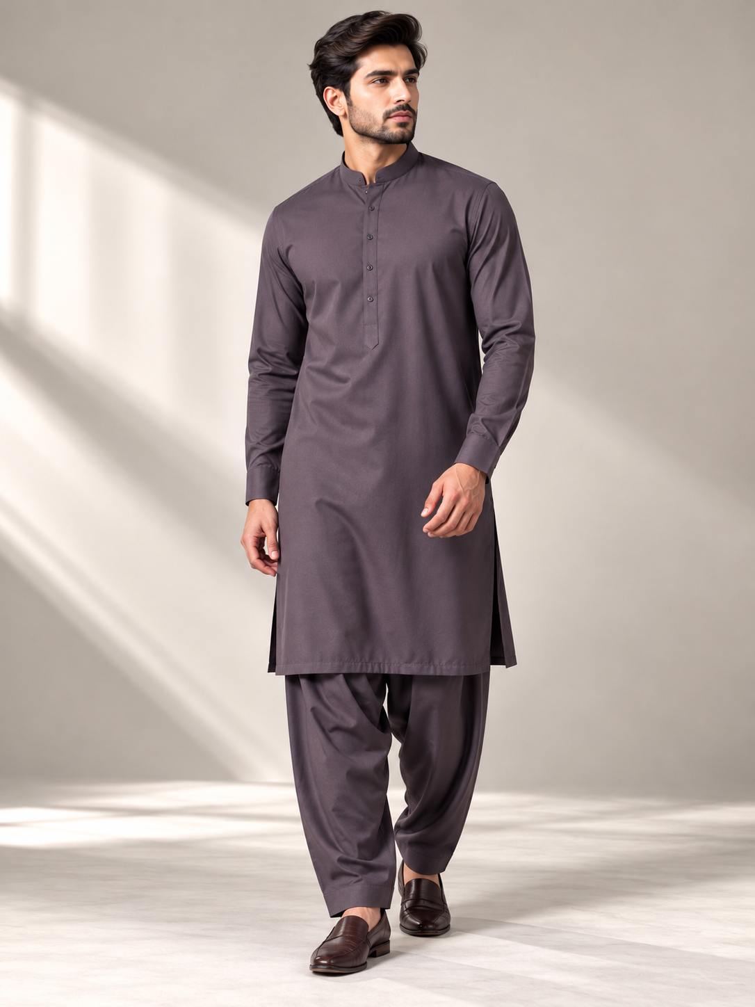 Charcoal mauve wash n wear winter fabric