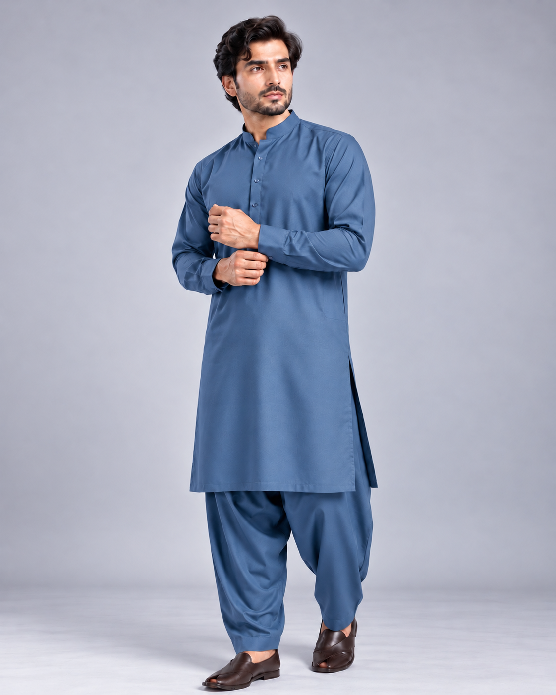 Steel blue wash n wear winter fabric
